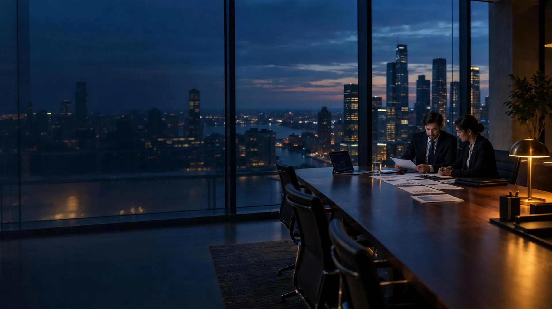 Profesionales revisando documentos en una sala de reuniones ejecutiva al atardecer