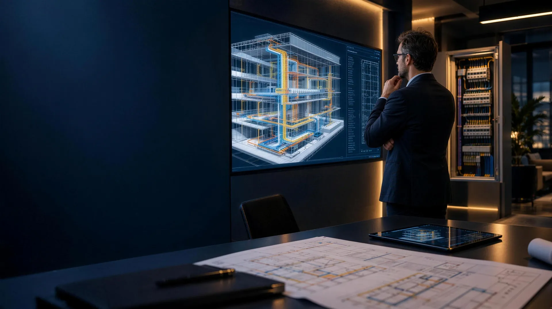 Ingeniero revisando un modelo BIM de instalaciones eléctricas en una pantalla