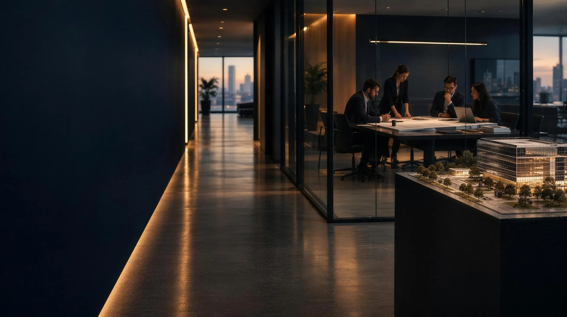 Oficina de Cardich Consultores con una maqueta arquitectónica y una sala de reuniones
