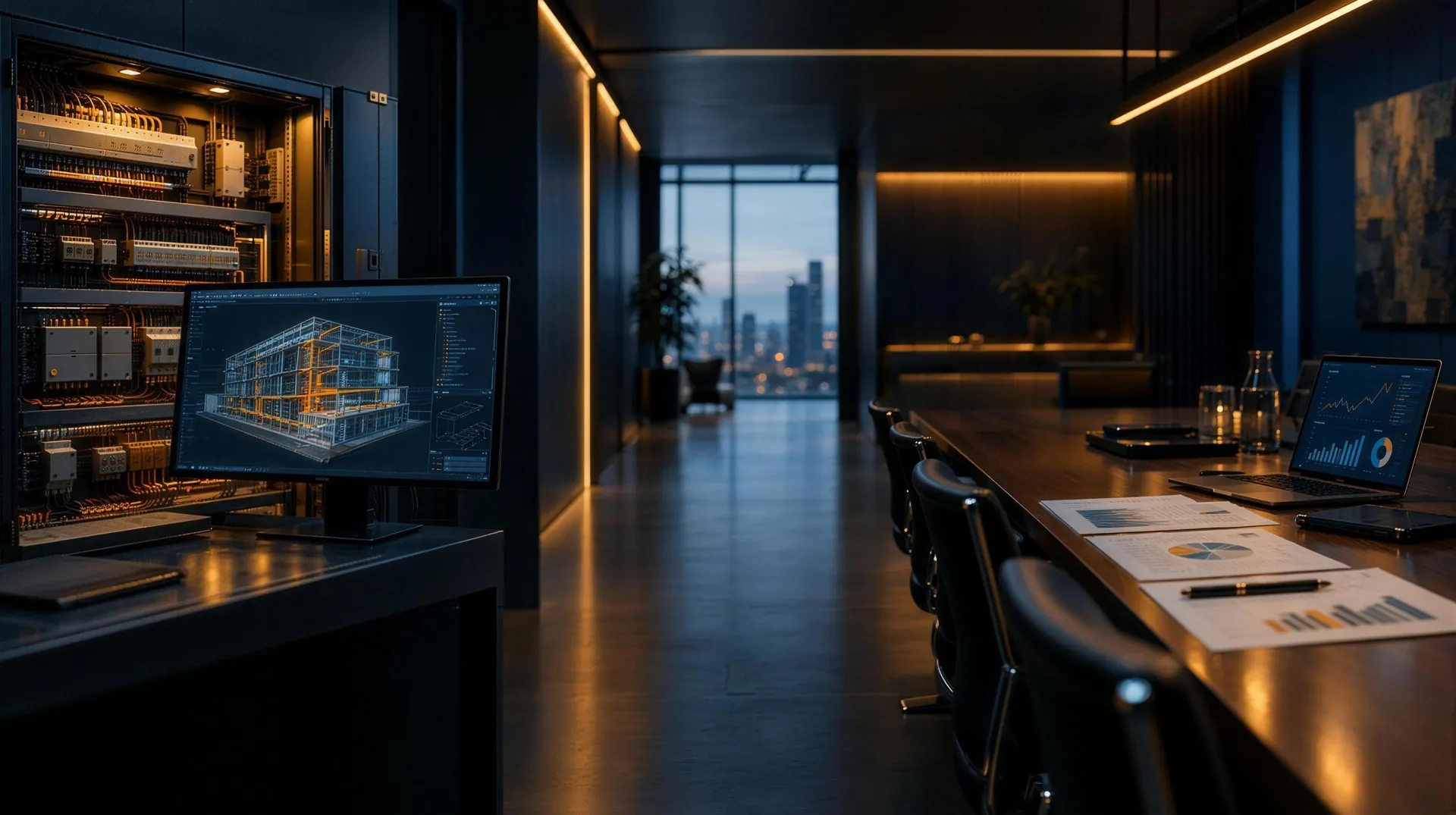 Interior corporativo con un tablero eléctrico, un modelo BIM y una mesa de directorio con reportes financieros